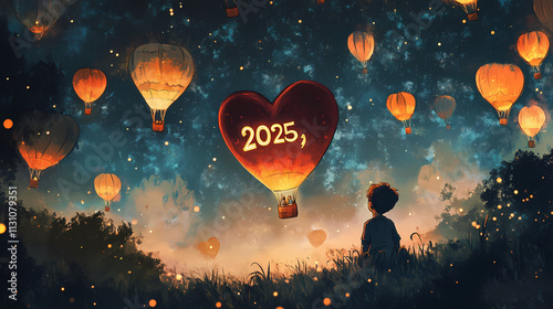 Boy dreaming of a whimsical image of a child gazing at a heart-shaped hot air balloon emblazoned with soaring among others against a breathtaking night sky. Emblazoned. Illustration photo