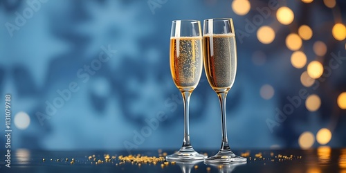 Celebrations of New Year,  Happy New Year - Champagne Toast Celebration - Glass With Golden Glittering On Blue Abstract Background With Defocused Bokeh Lights, Drink night Party photo