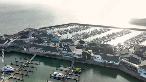 Flyover drone video of the Pier 39 and marina in San Francisco, Ca.