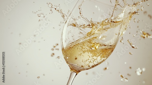 White wine champagne splashing in a glass on white background