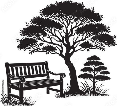 Wooden bench beside a beautiful tree silhouette vector illustration isolated on a white background