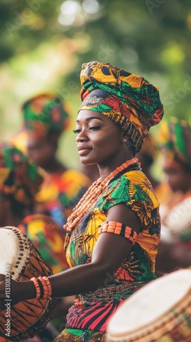 Vibrant African Woman Playing Djembe Drum photo