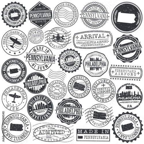 Philadelphia, PA, USA Set of Stamps. City Travel Marks. Made In Product. Design Seals Old Style Insignia.