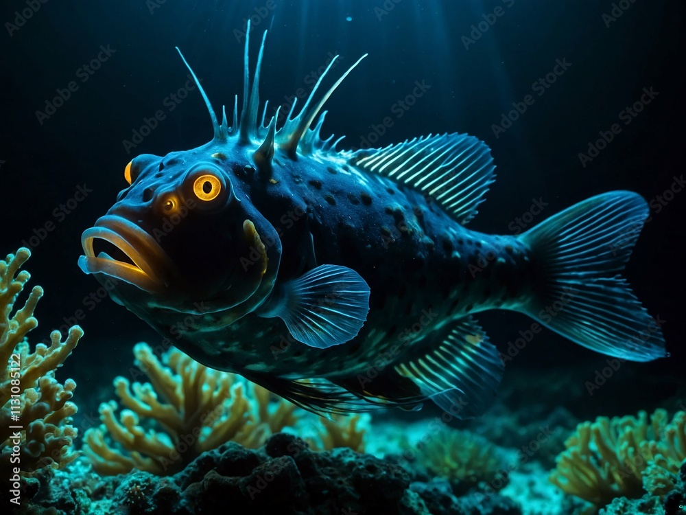 neon glow of deep sea fish with spikes and huge eyes neon glow of deep sea fish with spikes and huge eyes