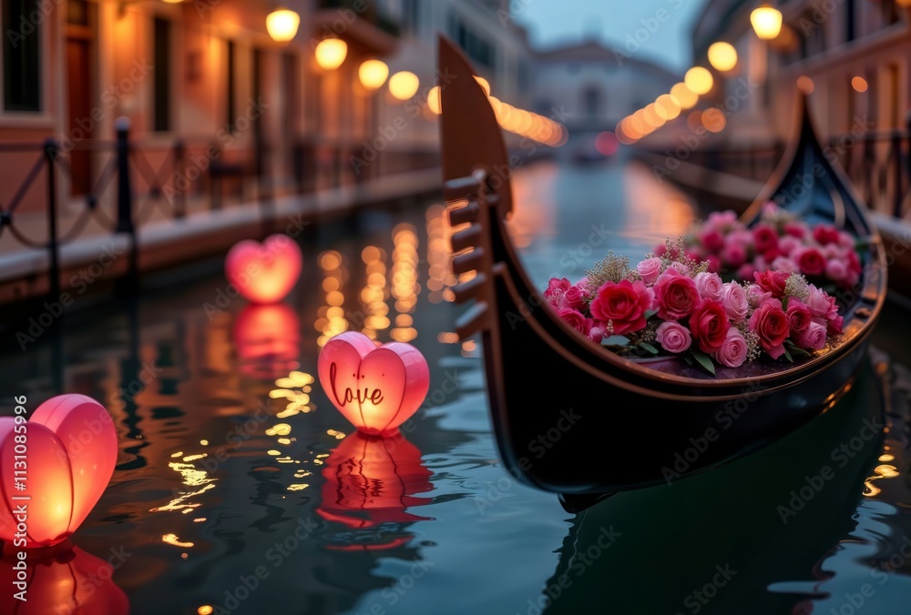 Romantic Venice gondola. A gondola adorned with pink roses floats along a canal lined with heart-shaped lanterns.