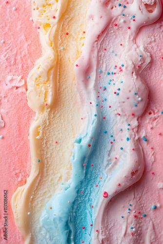 Up close ice cream texture with colorful sprinkles. Summer, foodie concept.