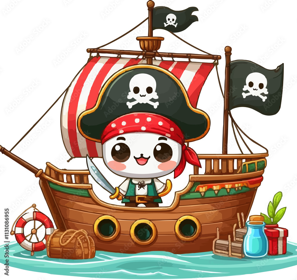 Naklejka premium cute Pirate ship with a flag .illustration vector on white background