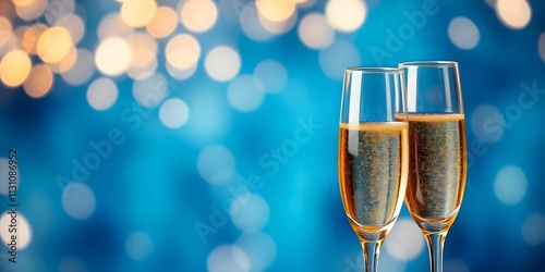 Celebrations of New Year,  Happy New Year - Champagne Toast Celebration - Glass With Golden Glittering On Blue Abstract Background With Defocused Bokeh Lights, Drink night Party photo