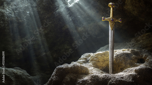 Sword in stone, Arthur king excalibur weapon stuck in rock, game design elements with medieval or magic steel blade with gem stone on handle, camelot legend or myth, Cartoon vector illustration, set