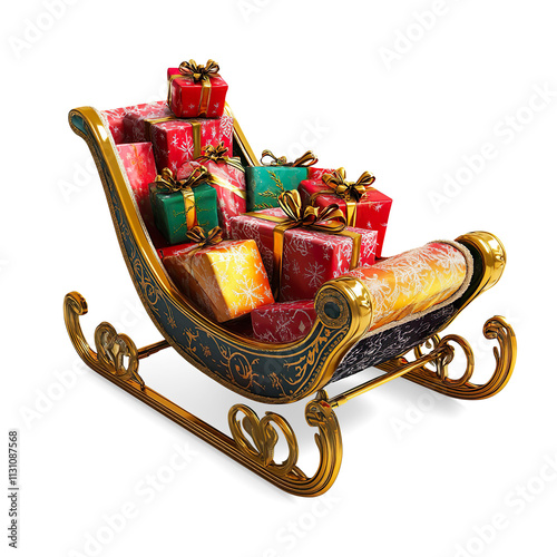 Ornate Christmas Sleigh with Gifts on a Transparent Background