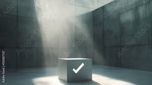 A stark white checkmark emblazoned on a gray cube, standing alone in a vast, concrete chamber bathed in sunlight. the image symbolizes a definitive decision or outcome. Emblazoned. Illustration