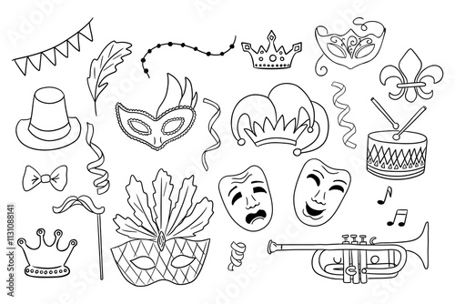 Line art illustrations of Mardi Gras elements including masks, crowns, musical instruments, ribbons, and festive decorations in minimalist style. Vector outline minimalistic drawings isolated