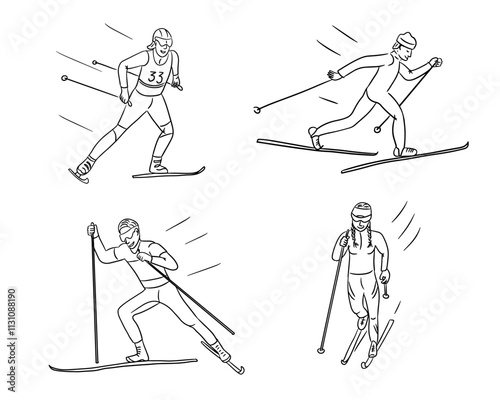 Line art illustrations of cross country skiers in dynamic poses, depicting various skiing techniques with minimalistic elements. Vector winter sport outline drawing on white background