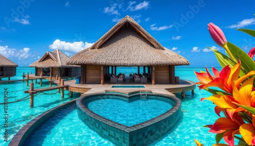 Valentine's Overwater Bungalow. A luxurious overwater bungalow with a heart-shaped pool, surrounded by turquoise waters and vibrant flowers, under a clear blue sky.