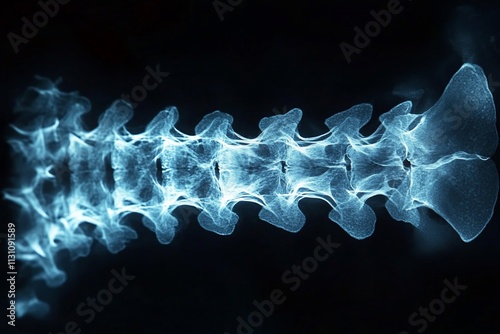 Lumbar spine X-ray, detailed view of vertebrae and intervertebral discs.