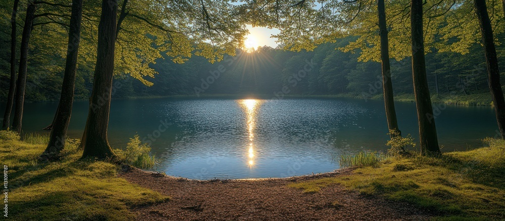 Obraz premium Serene sunrise over a calm forest lake.