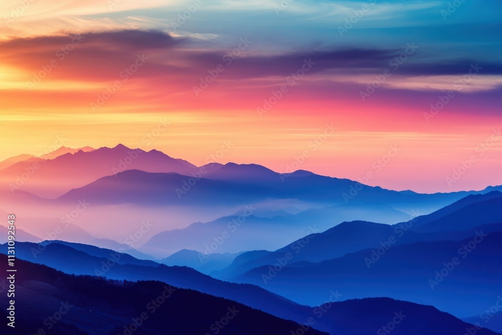 Obraz premium Colorful layers of mountain peaks at sunset with vibrant hues of orange, pink, and blue under a serene sky