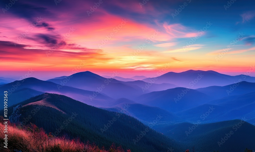 Fototapeta premium Colorful layers of mountain peaks at sunset with vibrant hues of orange, pink, and blue under a serene sky