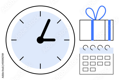 Clock showing 1010, gift with blue ribbon, calendar with blank squares and coils. Ideal for scheduling, deadlines, reminders, planning, celebrations productivity and event management. Line metaphor