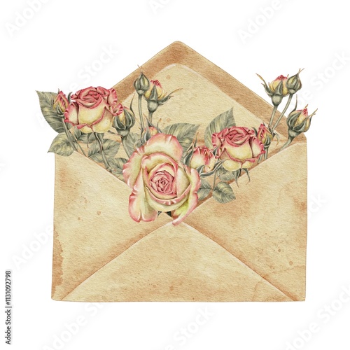 Craft retro open envelope for letters roses watercolor illustration. For sending love letters, Mothers and Womens Day, Valentine's Day, invitations to holidays, vintage decorations. photo