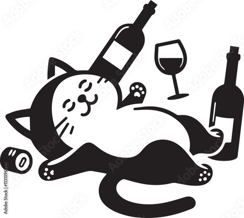 Cute cartoon funny silhouette lying on back drunk cat with bottle and glass of wine