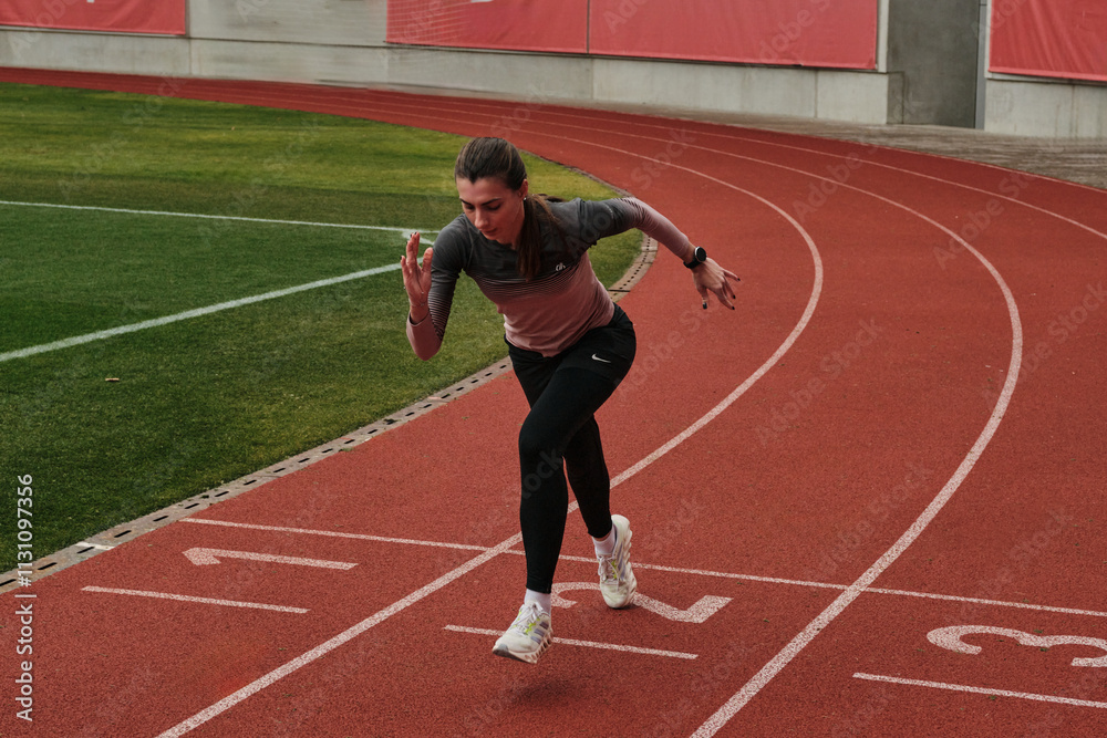 Fototapeta premium Female athlete in starting position on running track. Ready to sprint. Dynamic action shot showcasing determination and speed. Perfect for sports, fitness, and healthy lifestyle themes.