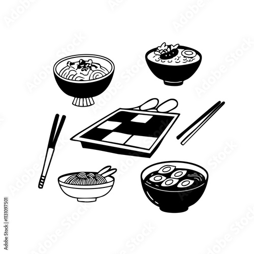 Korean Festive Doodle Art. Line illustrations of Korean food, fashion, and cultural elements.