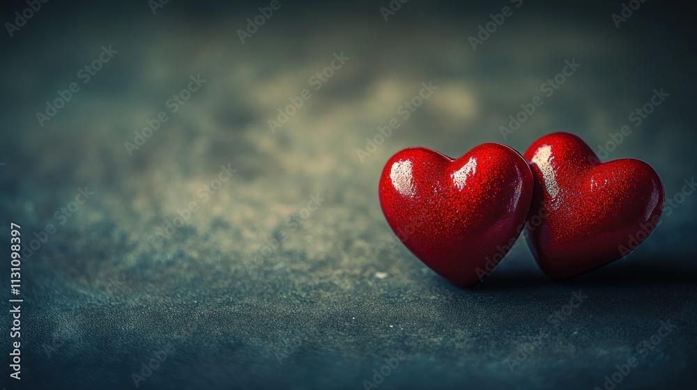 Fototapeta premium Two Shiny Red Hearts on a Dark Background with Soft Blur for Romantic or Valentine’s Day Themes
