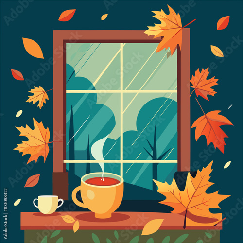 A cup of hot autumn coffee or tea on the window. living in hygge style