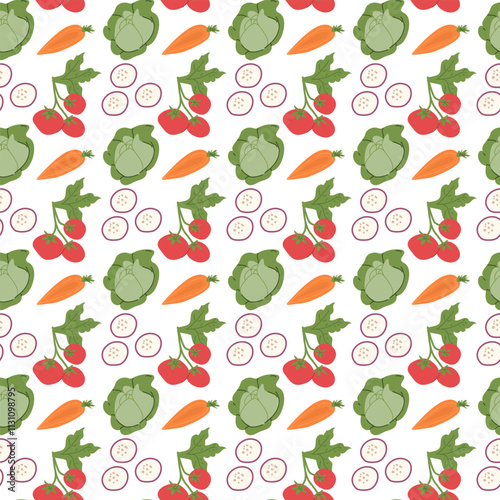 Colorful vegetable pattern with tomatoes, cabbages, carrots, and cucumbers.