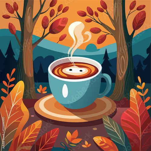 A cup of hot autumn coffee or tea on the window. living in hygge style