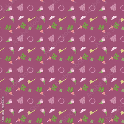 Colorful vegetable pattern with radishes, beets, garlic, and peas on pink background.