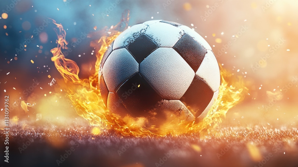 Fototapeta premium Soccer Ball Surrounded by Flames Creating an Eye-Catching Visual of Action and Excitement