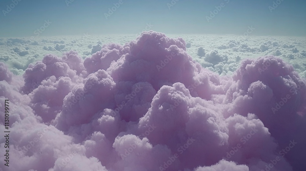 Naklejka premium Surreal purple cumulus clouds fill the sky above an abstract fantasy landscape creating a unique and aesthetic visual backdrop for artistic projects