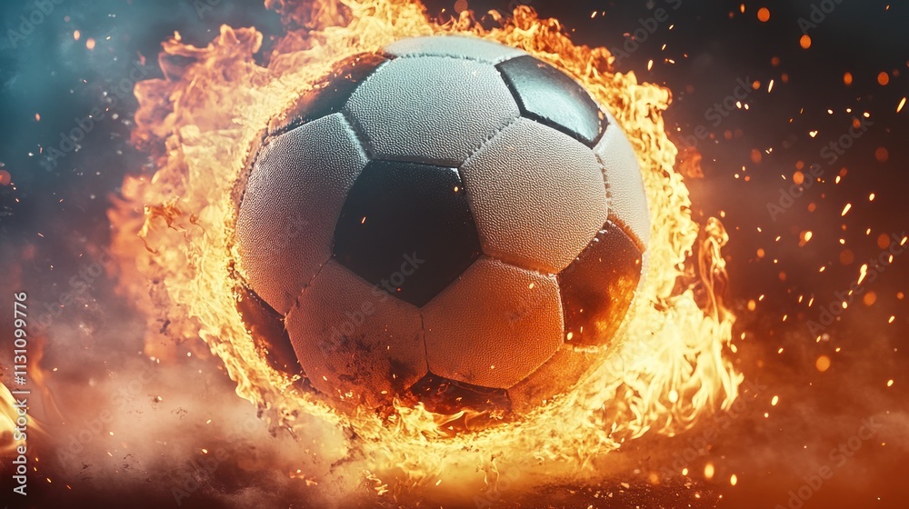Naklejka premium Flaming Soccer Ball Surrounded by Intense Fire and Orange Flames Against a Dramatic Background