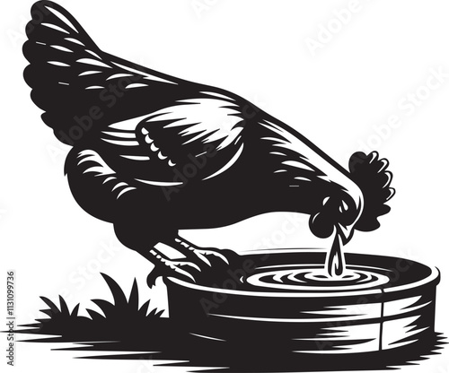 A chicken drinking from a water trough black vector silhouette