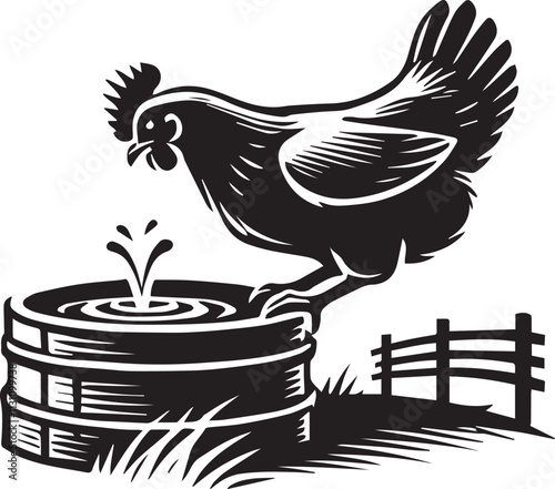 A chicken drinking from a water trough black vector silhouette