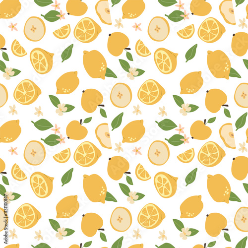 Citrus lemon pattern with leaves and flowers on white background.