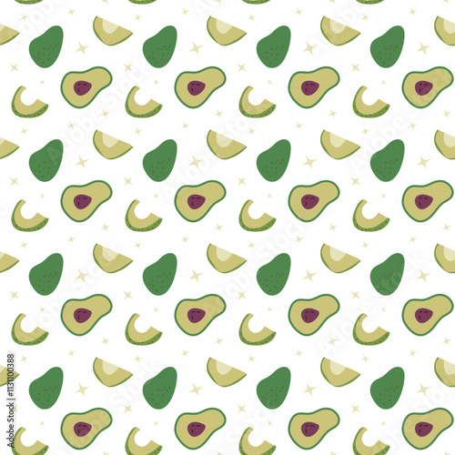 Seamless avocado pattern with halves and slices on white background.