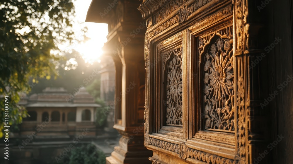 Naklejka premium Intricate Wooden Carving at Sunrise: A Glimpse into Architectural Marvel