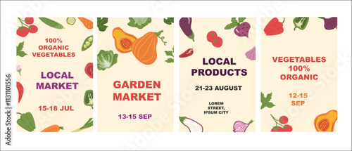 Organic vegetable market posters with dates and fresh produce.