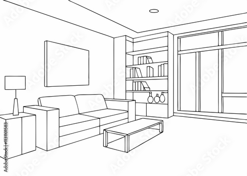 Stylish line art of interior design elements, showcasing furniture, decor, and space arrangements, perfect for home and design-themed projects.

