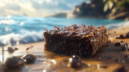 Ants on a chocolate brownie on a beach at sunset.