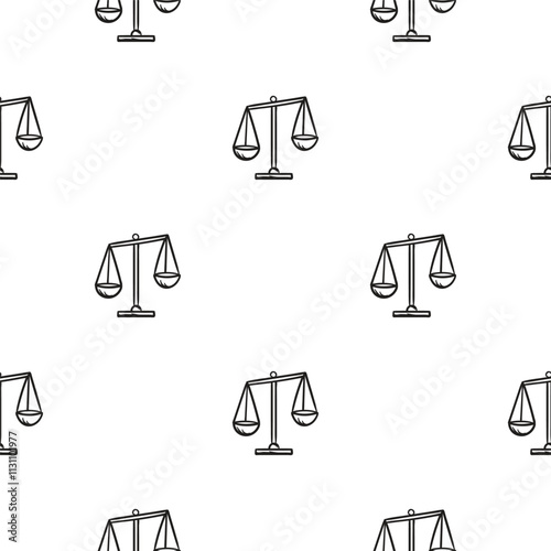 Simple seamless pattern with scales of justice. Hand drawn icons, signs and symbols of business, marketing and politics. Vector editable background