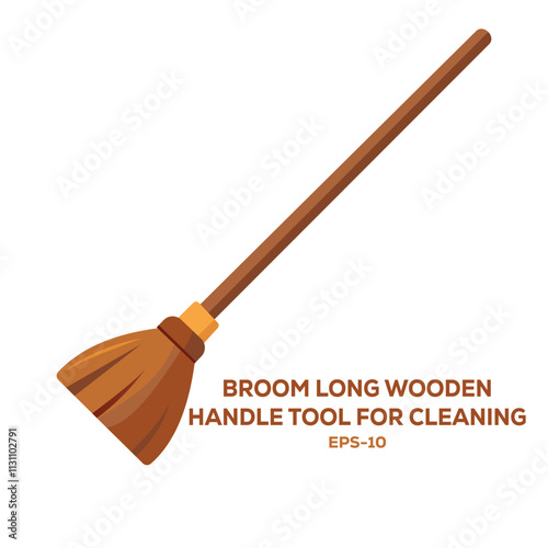 Illustration of broom long wooden handle tool for cleaning on white