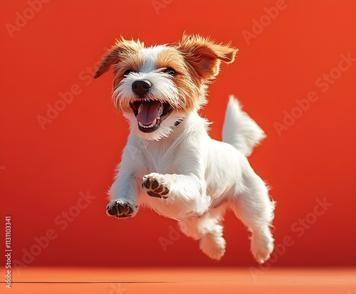 A fluffy white West Highland White Terrier puppy sits adorably on a studio floor, a small and cute canine portrait photo