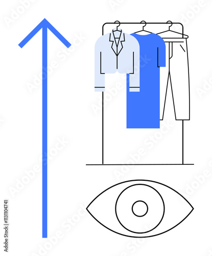 Blue arrow pointing up beside hanging clothes and eye signifying increasing fashion trends. Ideal for fashion industry, trend analysis, clothing designs, visual marketing, style inspiration, retail