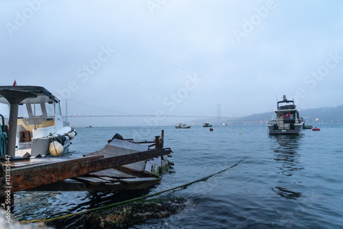 Bosphorus Bridge view from Cengelkoy on a foggy and cold morning