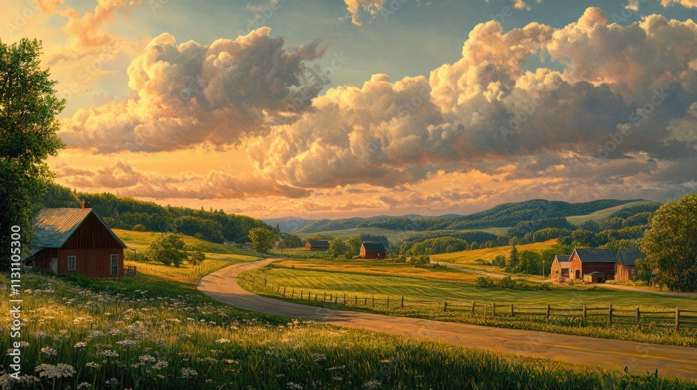 Fototapeta premium A serene landscape at sunset with rolling hills, fields, and rustic houses.