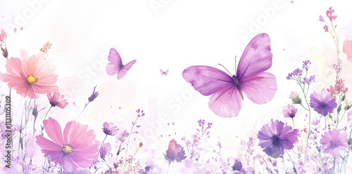 beautiful spring background featuring pink and purple flowers with butterflies, creating serene and vibrant atmosphere. Perfect for nature lovers and spring themes